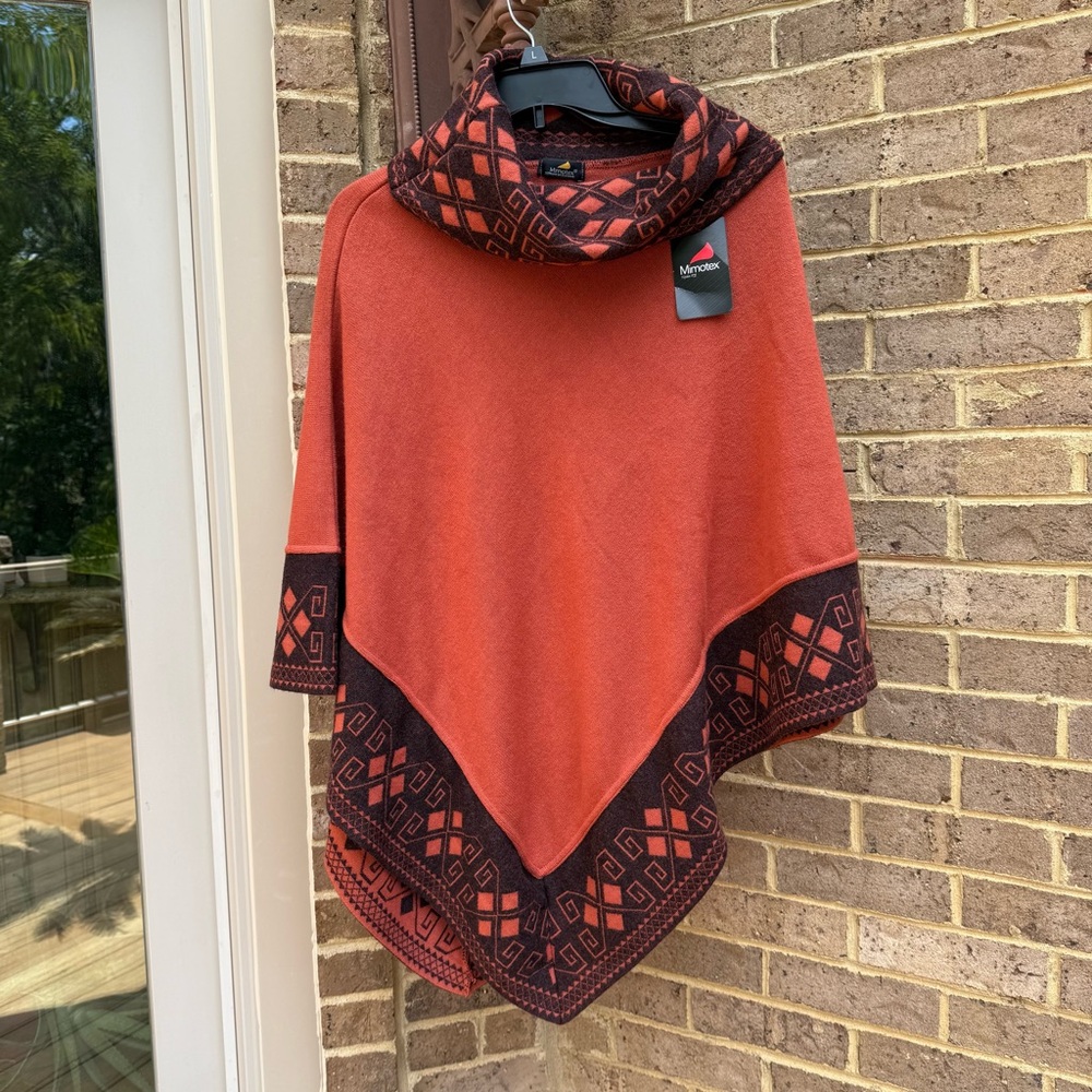 Aranza Tejidos Mimotex Ecuadorian Poncho Orange Black Aztec Trim NWT